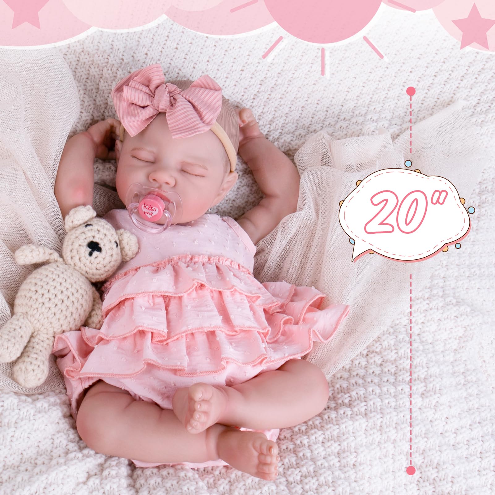 Aori Reborn Baby Dolls, 20'' Realistic Sleeping Newborn Girl in Pink Dress
