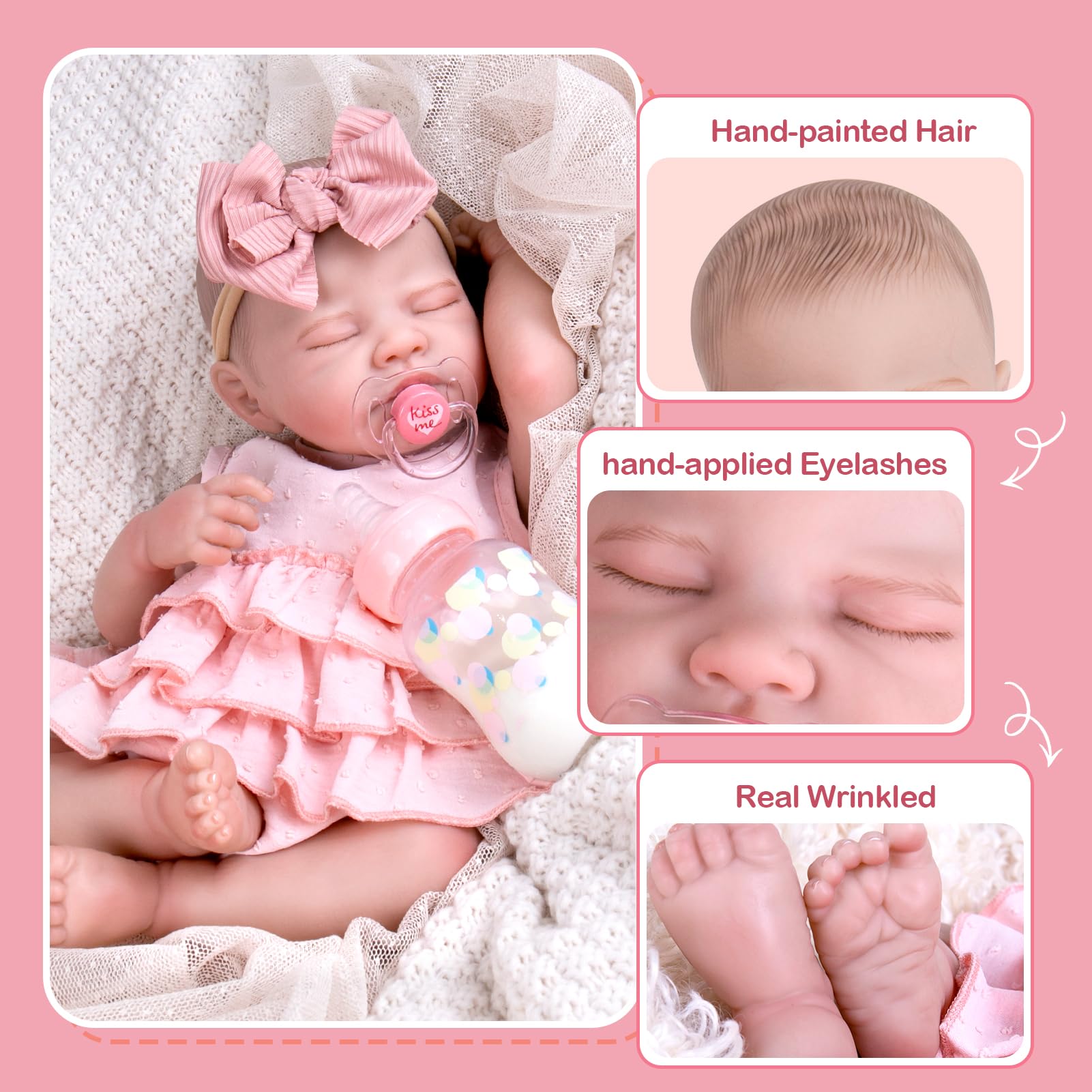 Aori Reborn Baby Dolls, 20'' Realistic Sleeping Newborn Girl in Pink Dress