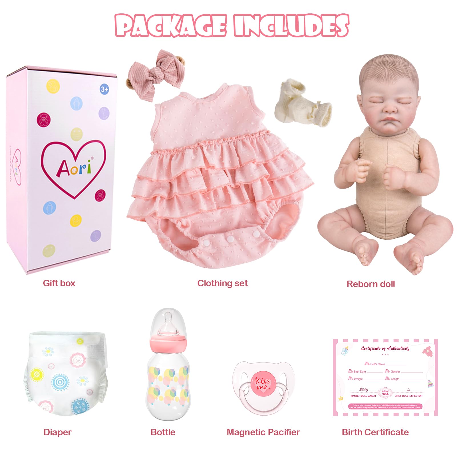 Aori Reborn Baby Dolls, 20'' Realistic Sleeping Newborn Girl in Pink Dress